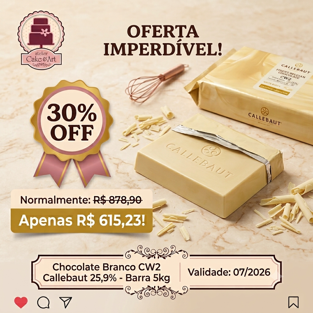 Oferta Especial Chocolate Branco Callebaut CW2 de 5kg CW2NV-132 - Atelier Cake Art